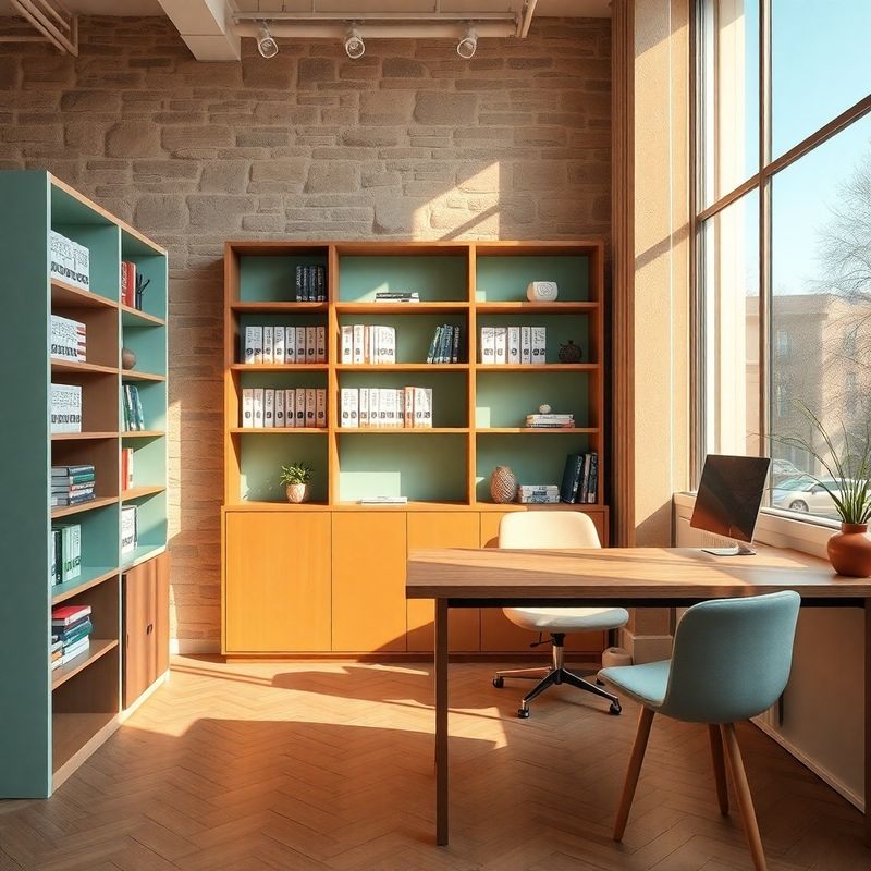 Interior modern de birou boutique cu paletă piatră-mentă